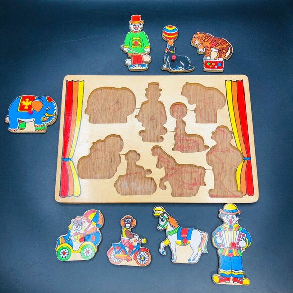 80s Circus Clown Show Wooden Puzzle COMPLETE Vintage Animal Silhouette Shape - Picture 5 of 10